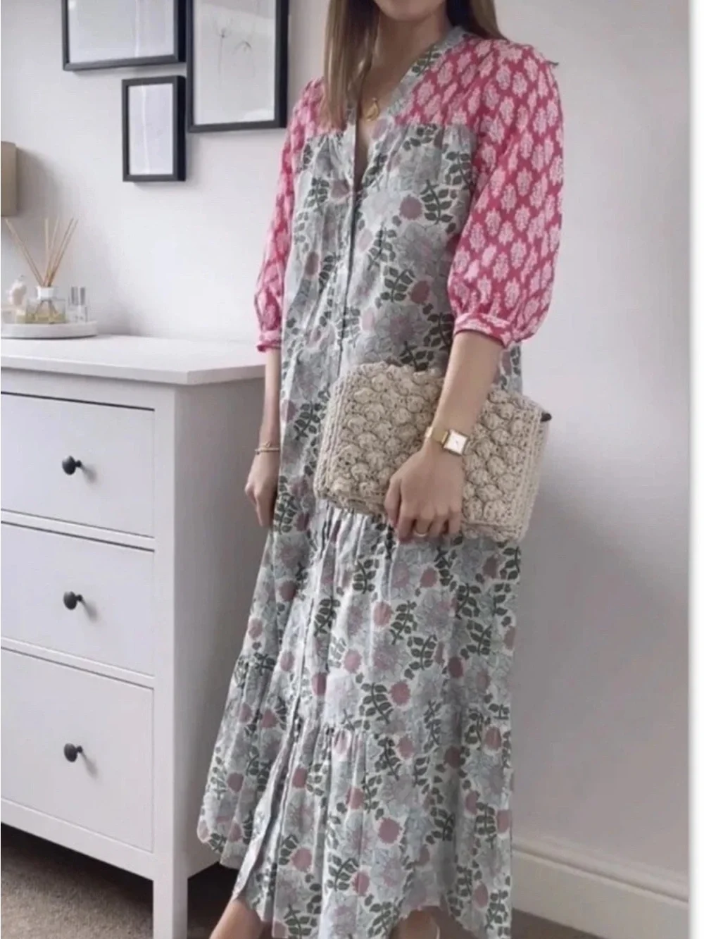 Zara Block Printed Floral Pink Ecru Midi Dress M